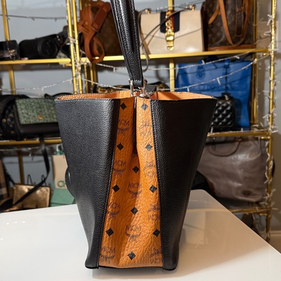 MCM Sarah Black Calfskin Leather & Cognac Visetos Hobo Shoulder Crossbody Bag - Picture 5 of 14